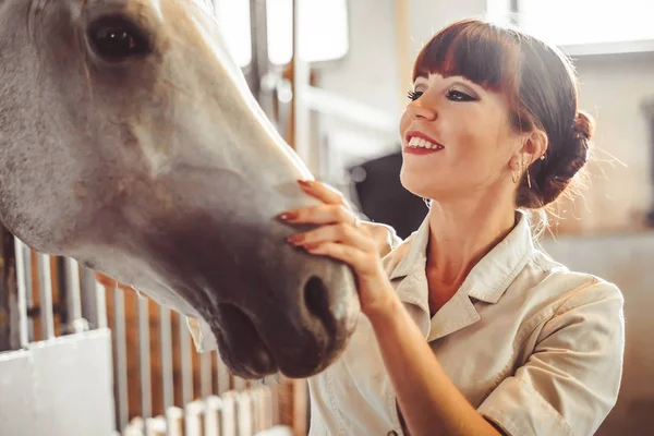 Woman stroking the horse — Stock Photo, Image