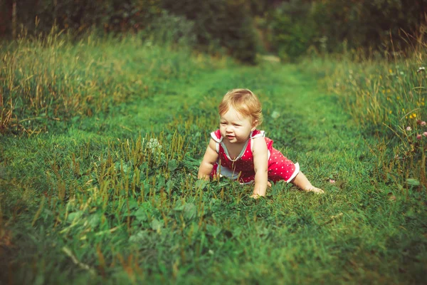 Barnet sitter på gräset — Stockfoto