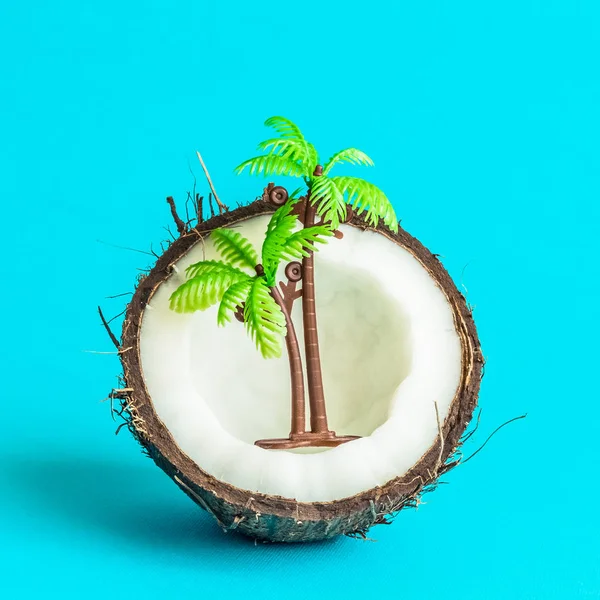 Close Van Kokosnoot Met Palm Tree Speelgoed Geïsoleerd Een Turkooizen — Stockfoto