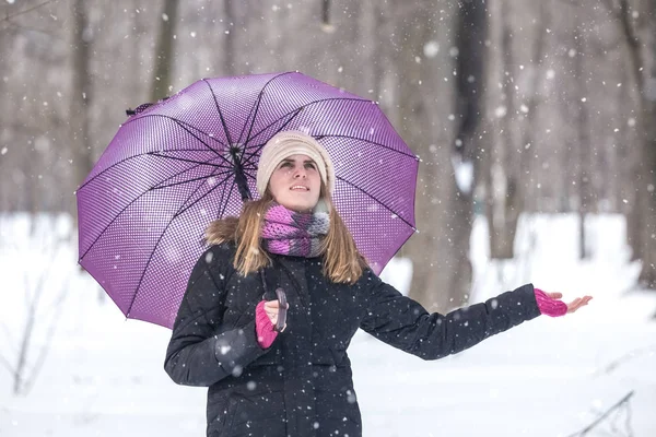 Mujer Con Paraguas Disfrutando Temporada Invierno Parque —  Fotos de Stock