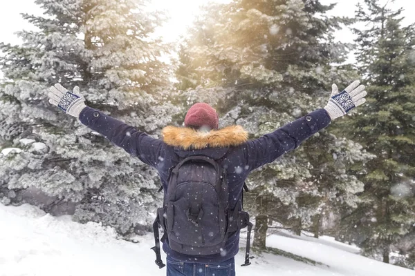 Arkadan Görünüş turist kış arka plan karşı silah ile.