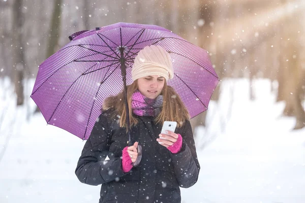 Mujer Con Paraguas Usando Smartphone Disfrutando Temporada Invierno Parque —  Fotos de Stock