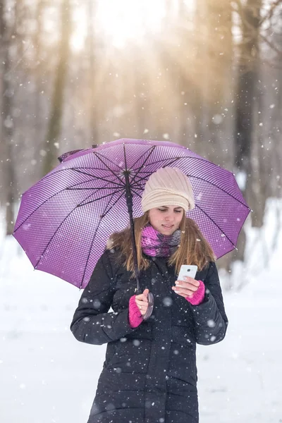 Mujer Con Paraguas Usando Smartphone Disfrutando Temporada Invierno Parque —  Fotos de Stock