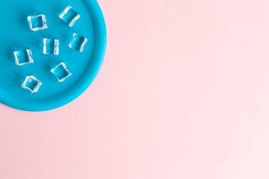 Pastel gül izole buz küpleri ile mavi plaka üst görünümü.