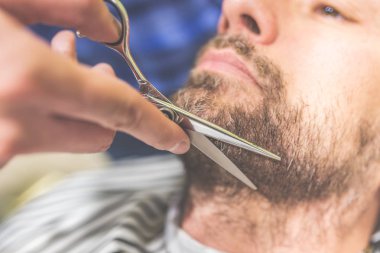 Sakal tımarı. Berber dükkanında sandalyede otururken kuaför tarafından sakal kesimi yaptıran genç sakallı adamın yan görünümü