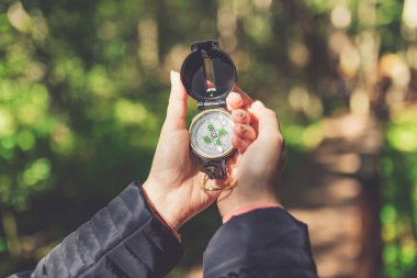Doğada pusula kullanan bir gezgin. Ormandan çıkmaya çalışan turist kız..