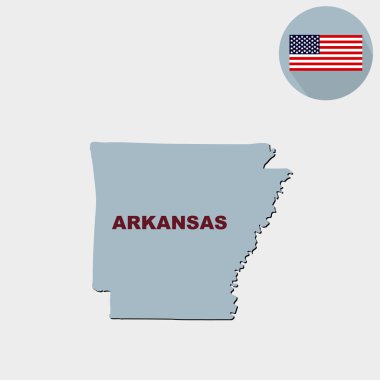 ABD'nin Arkansas eyaleti gri bir arka plan üzerinde Haritası. Amerikan bayrağı, devlet adı.