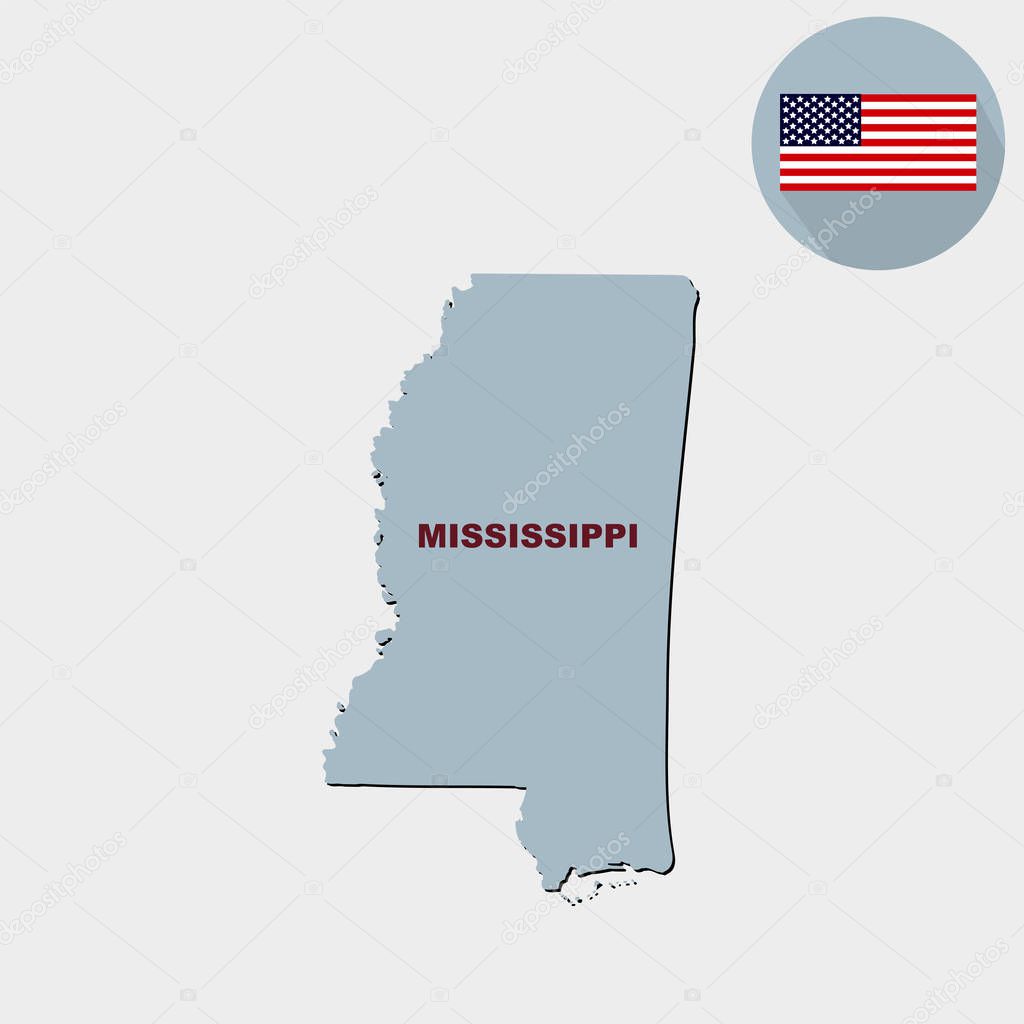 Map of the U.S. state of Mississippi on a grey background. Ameri