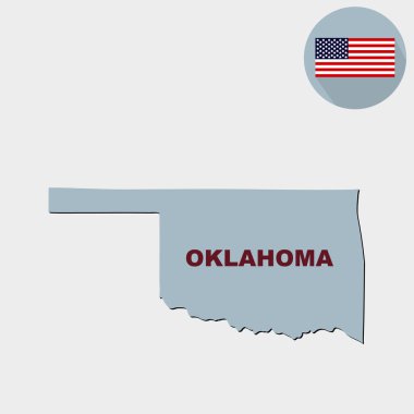 Gri bir arka plan üzerinde Oklahoma ABD devlet haritası. Amerikan bayrağı, devlet adı