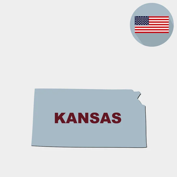 Mapa Del Estado Estadounidense Kansas Sobre Fondo Gris Bandera Americana — Vector de stock