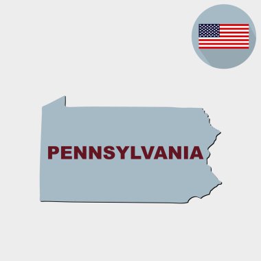 Gri bir arka plan üzerinde ABD'nin Pennsylvania Eyalet haritası. Amerikan bayrağı, devlet adı