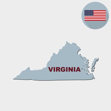 Virginia Amerikan devlet gri bir arka plan üzerinde haritası. Amerikan bayrağı, devlet adı