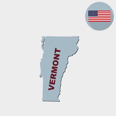 Gri bir arka plan üzerinde Vermont ABD devlet haritası. Amerikan bayrağı, devlet adı