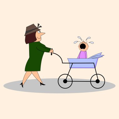 Ağlayan bir çocuk arabasındaki bebek ile anne