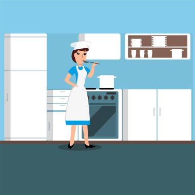 Kız mutfakta aşçı. Vektör çizim