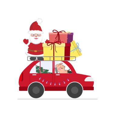 Santa hediyeler ve bir Noel ağacı ile araba üzerinde domuz yavrusu ile