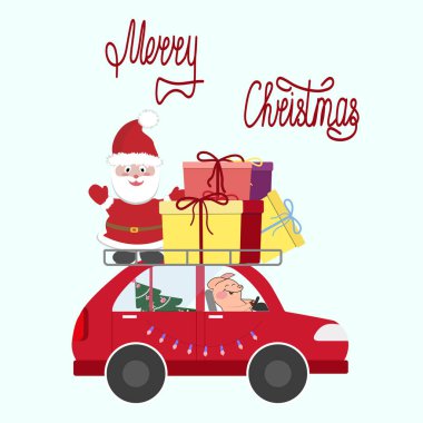 Santa hediyeler ve bir Noel ağacı ile araba üzerinde domuz yavrusu ile