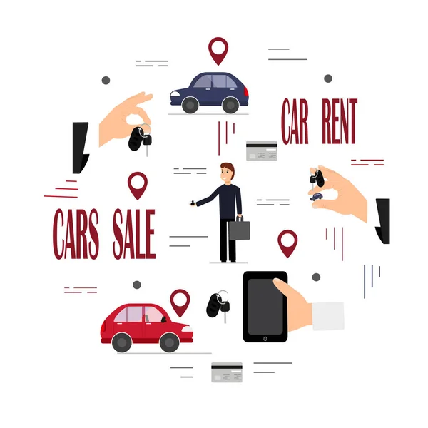 Colorful Vector Illustration Theme Renting Selling Cars Hand Keys Cars — Stock Vector