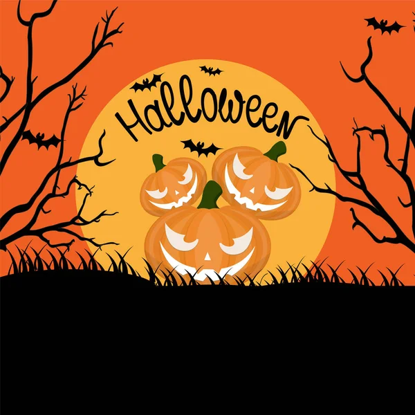 Orangefarbener Halloween-Hintergrund mit gruseligen Kürbissen, Vollmond, Baum — Stockvektor