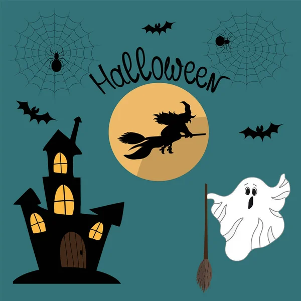 Niedliches Vektorset mit Illustrationen und Halloween-Ikonen: Hexe, g — Stockvektor