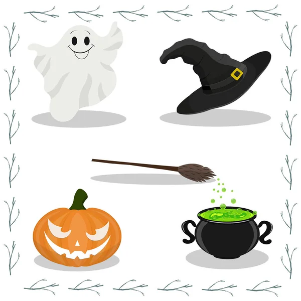 Niedliches Vektorset Mit Halloween Illustrationen Vektorillustration Orangefarbener Kürbis Hexenhut Hexenkessel — Stockvektor