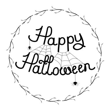 Bir tatil tebrik afiş vektör Illustration. Mutlu Halloween örümcek ağları ve örümcekler yuvarlak bir çerçeve içinde hafif bir arka plan üzerinde yazıt