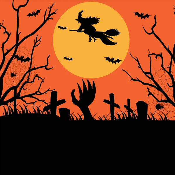 Halloween Party Plakat Mit Hexe Und Mond Vektorillustration — Stockvektor