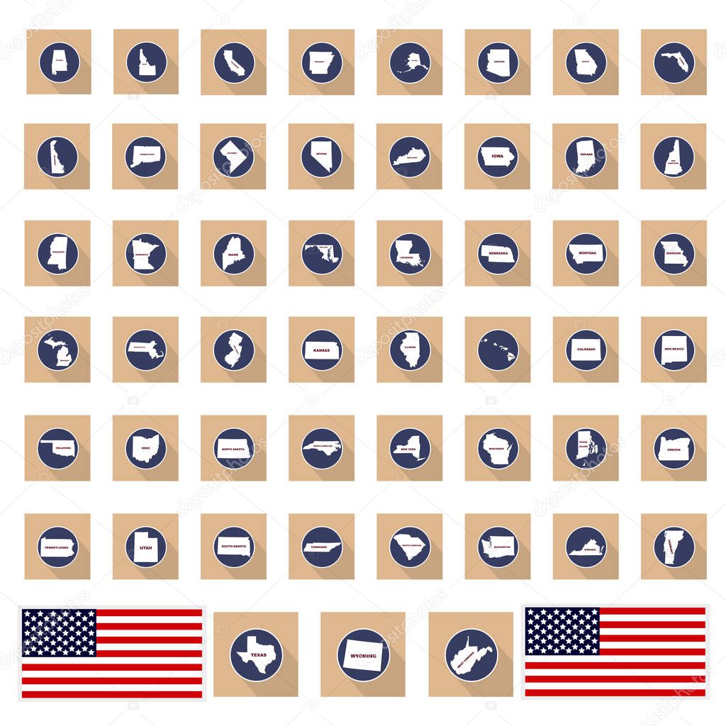 A set of maps of the states of america on a white background - vector illustration. A simple flat map is the United States. American flag