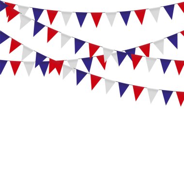 Garland üçgen kutlama bayraklı, beyaz bir arka plan üzerinde beyaz, mavi, kırmızı bayraklar.