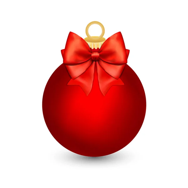 Bola de Natal vermelho com fita e um arco, isolado no fundo branco — Vetor de Stock