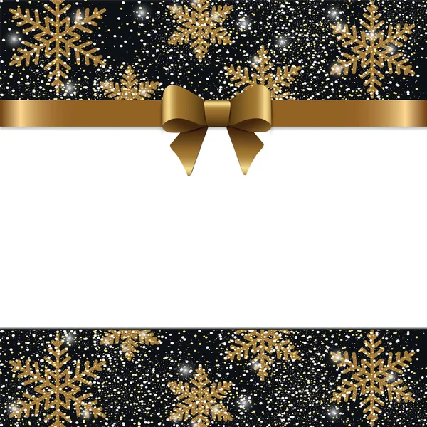 Schwarze Geschenkkarte Mit Goldschleife Und Glitzerrand Isoliert Auf Weißem Hintergrund — Stockvektor