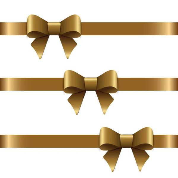 Vector Set Decorative Golden Bows Horizontal Ribbon Isolated White Gold — Stock Vector