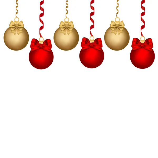 Kartki Świąteczne Projektowanie Christmas Złota Czerwone Kule Białym Tle Wstążki — Wektor stockowy