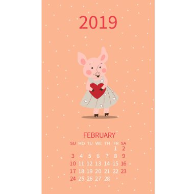 Domuzlarla yıllık takvim. Aylık illüstrasyon. Kalp Şubat ile domuz yavrusu. Sevgililer günü. Vektör poster, şirin el ilanı, duvara afiş, planlayıcısı.