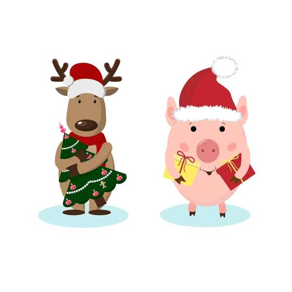 圣诞快乐贺卡与鹿 小猪一年猪 可爱的动物节日卡通人物 — 图库矢量图片