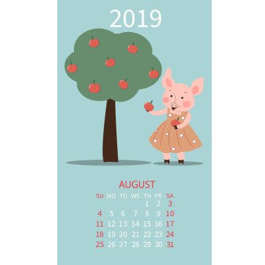 Aylık takvim 2019 komik domuz simgesi Çin yeni yılı ile. Ağustos ayı