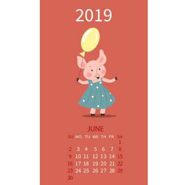 Domuz takvim için Haziran 2019. Şirin ay takvimi ile Astroloji işareti İkizler, kanser haftası Pazar günü başlar. Vektör çizim karikatür tarzı.