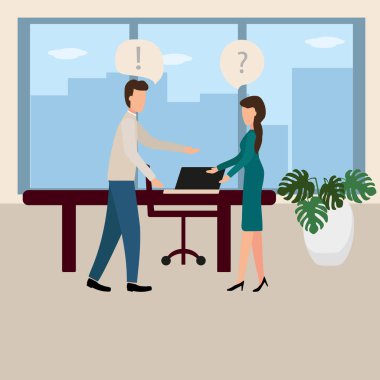 Çakışma iş başında. Erkek bir patron bir çalışan berates. Düz stil vektör çizim