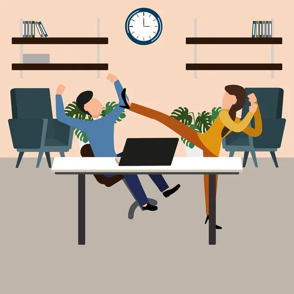 Woman beats the boss at work, conflict. Gender inequality and the fight against stereotypes. Vector illustration. — Stock Vector