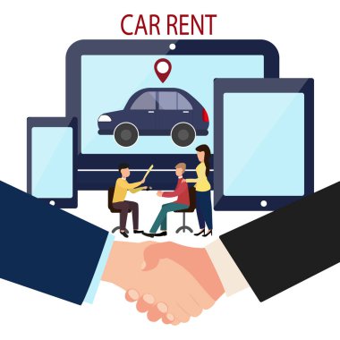 Adam, kadın ve araba satıcısı. Online anlaşma yapma. Bir araba kiralayın. İş karşılıklı. Satıcı düz stilde vektör çizim anahtarları arabada ve sözleşme aktarır.