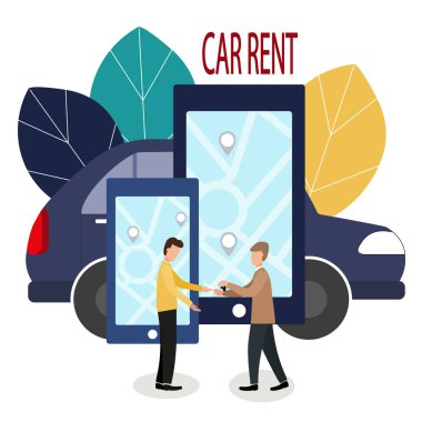 Adam ve araba satıcısı. Yapma fırsatlar online. Kiralık Araba. Vektör çizim düz tarzı. Satıcı anahtarları arabada ve sözleşme için eller.