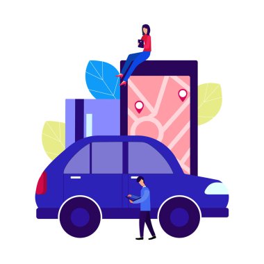 İnsanlar ve otomatik. Yapma fırsatlar online. Kiralık Araba. Düz stil vektör çizim