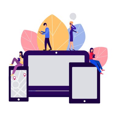 Internet, sosyal ağlar, sohbet, video, haber, iletileri, Web sitesi, renkli çizimler vektör arkadaşlar için mobil iletişim arama.