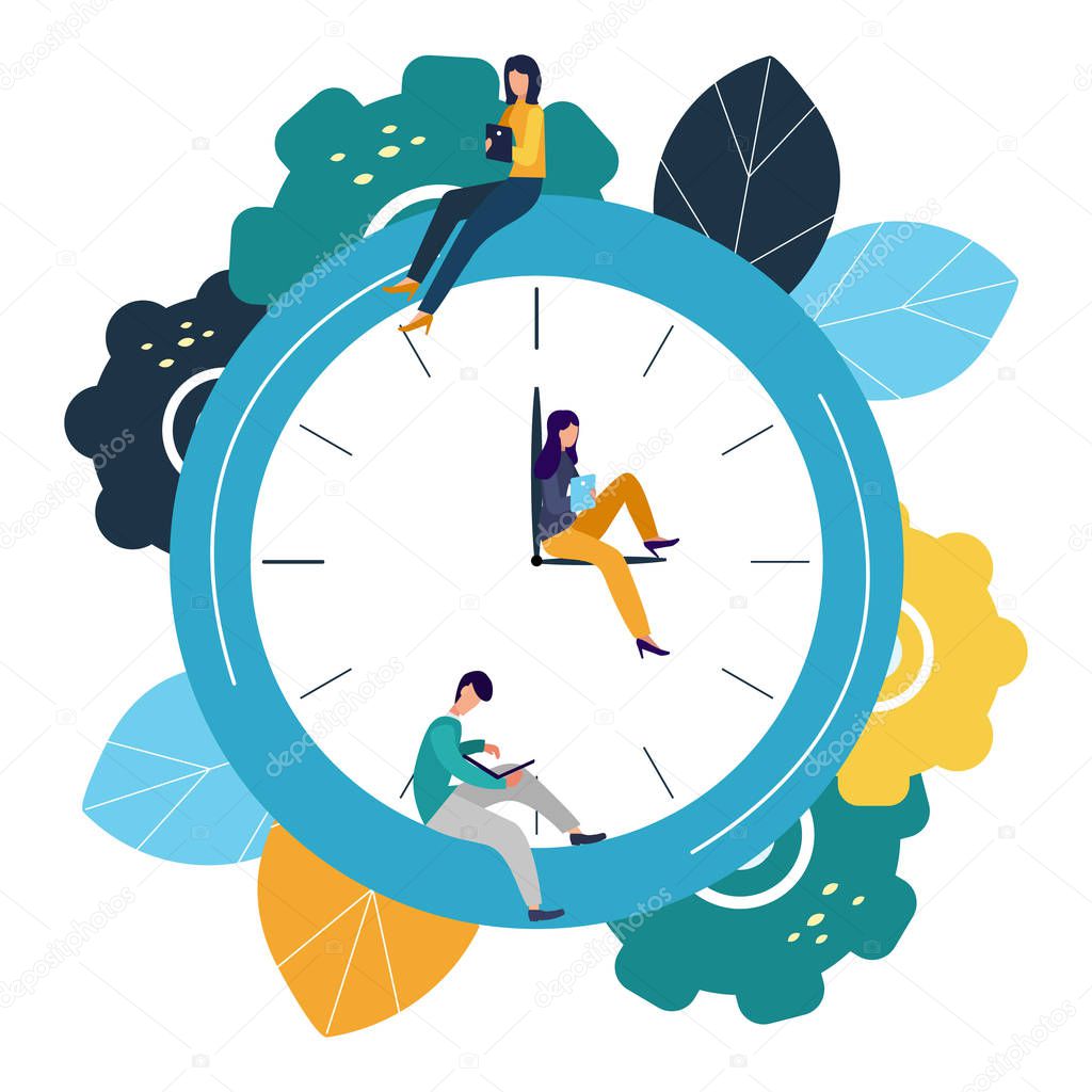 Vector illustration, round clock on white background, time management concept
