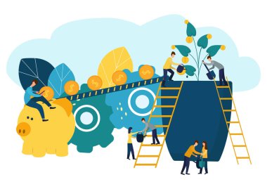 Vektör çizim çiçek sikke ve para için bir çiçek bakımı, büyüyen ve yapma para, kar, başarılı iş sembolü sikkeler, sulama ile büyüyen,