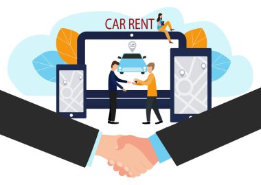 Adam ve araba satıcısı. Yapma fırsatlar online. Kiralık Araba. Vektör çizim düz tarzı. Satıcı anahtarları arabada ve sözleşme için eller