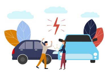 Vektör Illustration, araba kazası, düz stil, insanlar sürücüleri adam ve kadın yemin, trafik kuralları ile uyumsuzluk.