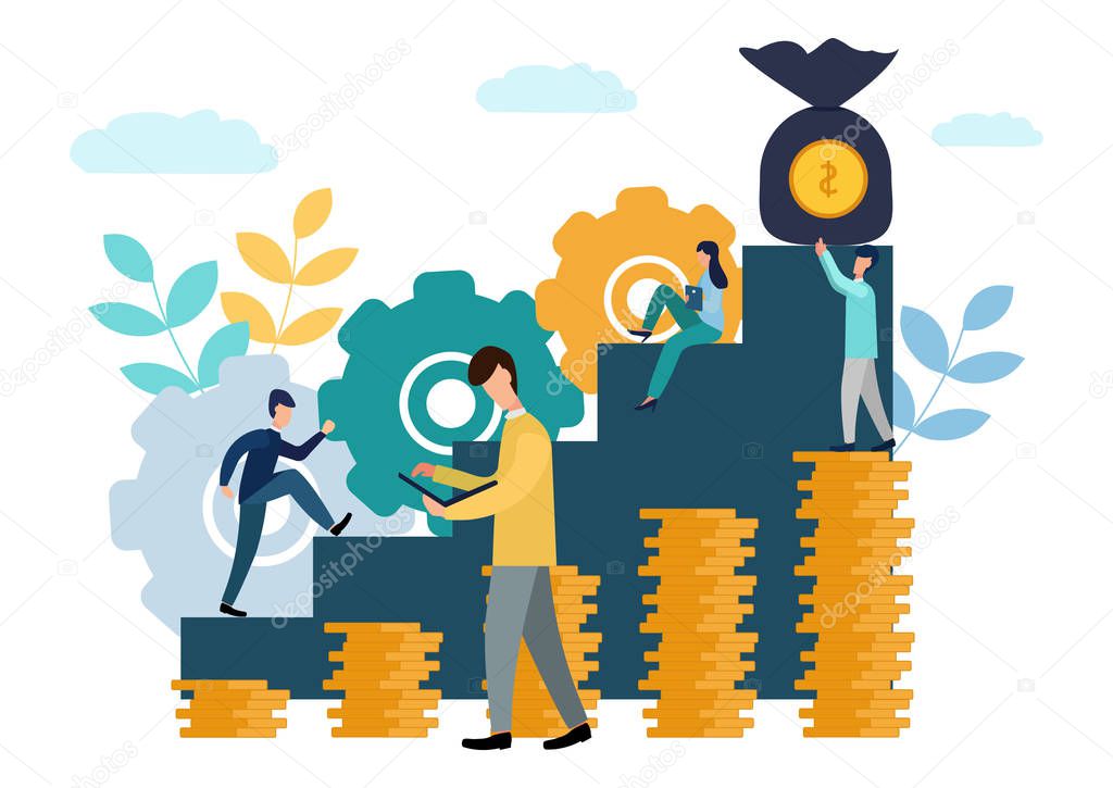 Vector illustration, the company is engaged in joint construction and the cultivation of cash profits, career growth to success, business analysis, flat style. New ideas.