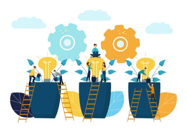 Vektör illüstrasyon. İnsanlar tencerede ampuller yetiştirirler, yaratıcı bir fikrin doğuşu için bir metafor..
