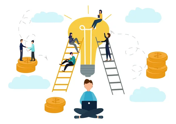 Ilustración plana vectorial, concepto de negocio para el trabajo en equipo, personas pequeñas se sientan en las bombillas en busca de ideas, búsqueda de nuevas soluciones — Vector de stock